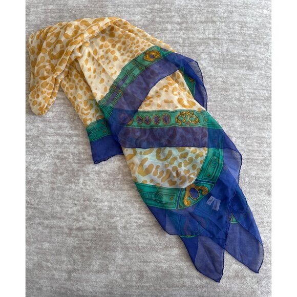 Etienne Aigner 100% Silk Scarf Made in Italy Tiger Leopard Print with Blue Borde - Picture 1 of 9